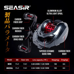 Mansory Ultralight Baitcasting Reel 146g – 7.3:1, 11+1 Bearings, Double Spools, Carbon Body
