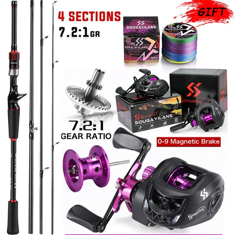 Fishing Rod Reel Combo 1.8–2.1m Carbon Fiber Casting Rod + 7.2:1 Baitcasting Reel